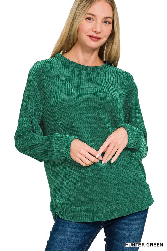 CHENILLE WAFFLE ROUND NECK SWEATER