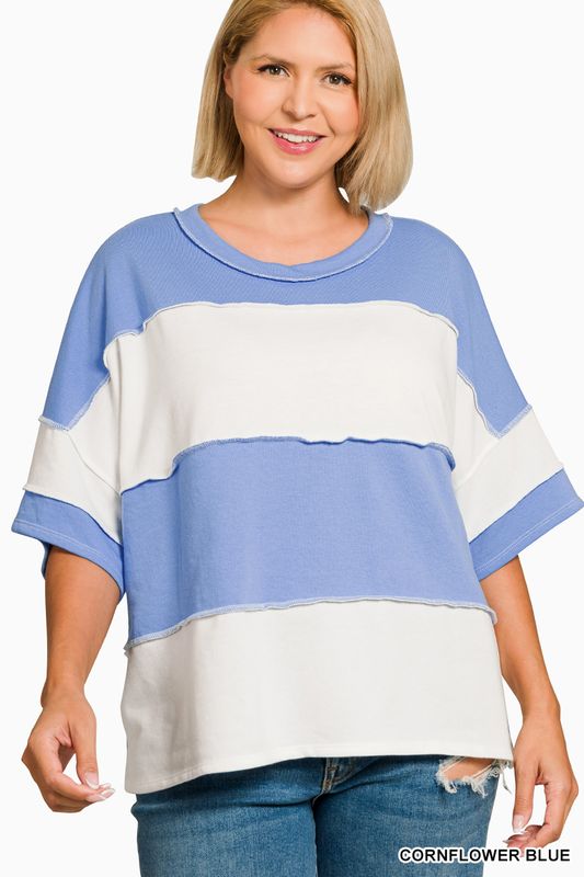 PLUS FRENCH TERRY COLOR BLOCK EXPOSED SEAM TOP