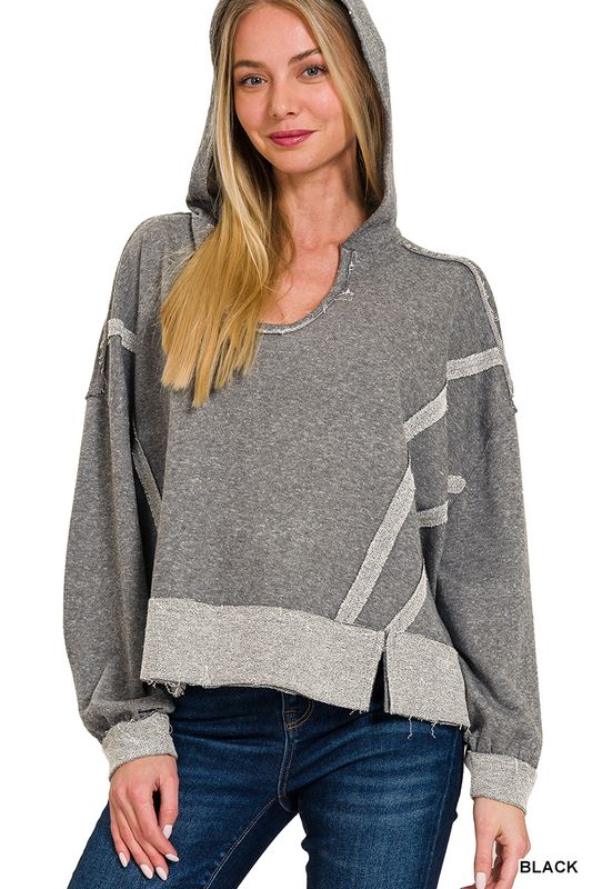 CONTRAST TRIM TOP-STITCHING SLIT RAW HEM HOODIE