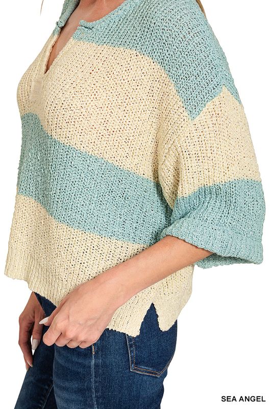 SPLIT NECK STRIPE SWEATER