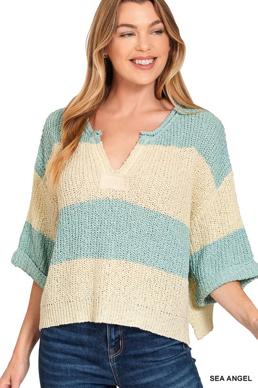 SPLIT NECK STRIPE SWEATER