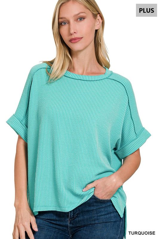 PLUS RAISED RIB CUFF SLEEVE RAW EDGE TOP