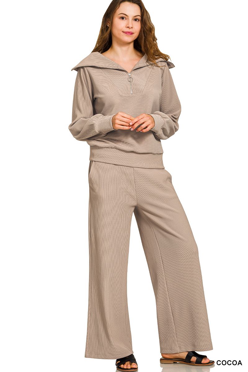 RIB HIGH NECK HALF ZIP TOP/ PANTS SET.