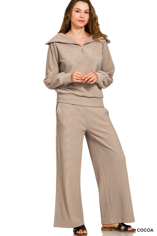 RIB HIGH NECK HALF ZIP TOP/ PANTS SET