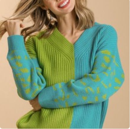 Two Toned V-Neck Knit Pullover Sweater