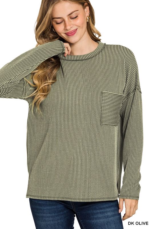 RAISED RIB LS DROP SHOULDER TOP (Pocket)