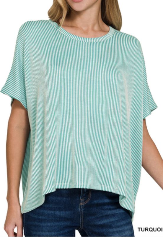 RIBBED STRIPED OVERSIZED SHORT-SLEEVE TOP