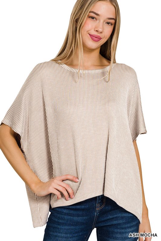 RIBBED STRIPED OVERSIZED SHORT-SLEEVE TOP