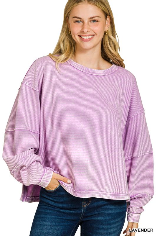 ACID WASHED DOUBLE RIBBED EXPOSED-SEAM CROPPED PULLOVER