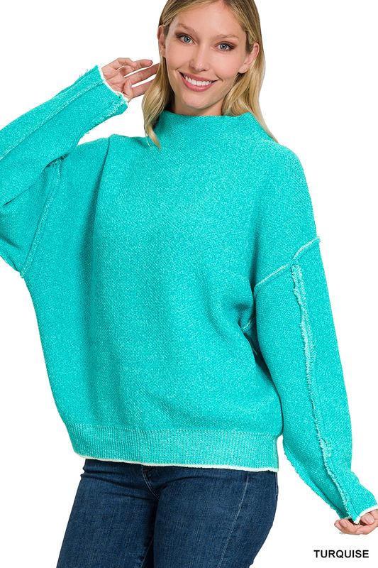 OVERSIZED MOCK NECK RAW SEAM CHENILLE SWEATER