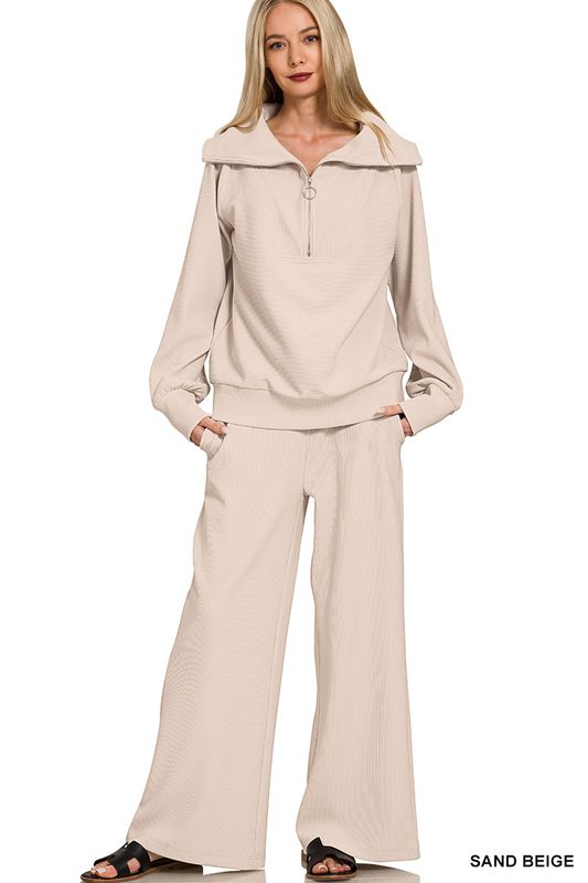 RIB HIGH NECK HALF ZIP TOP/ PANTS SET