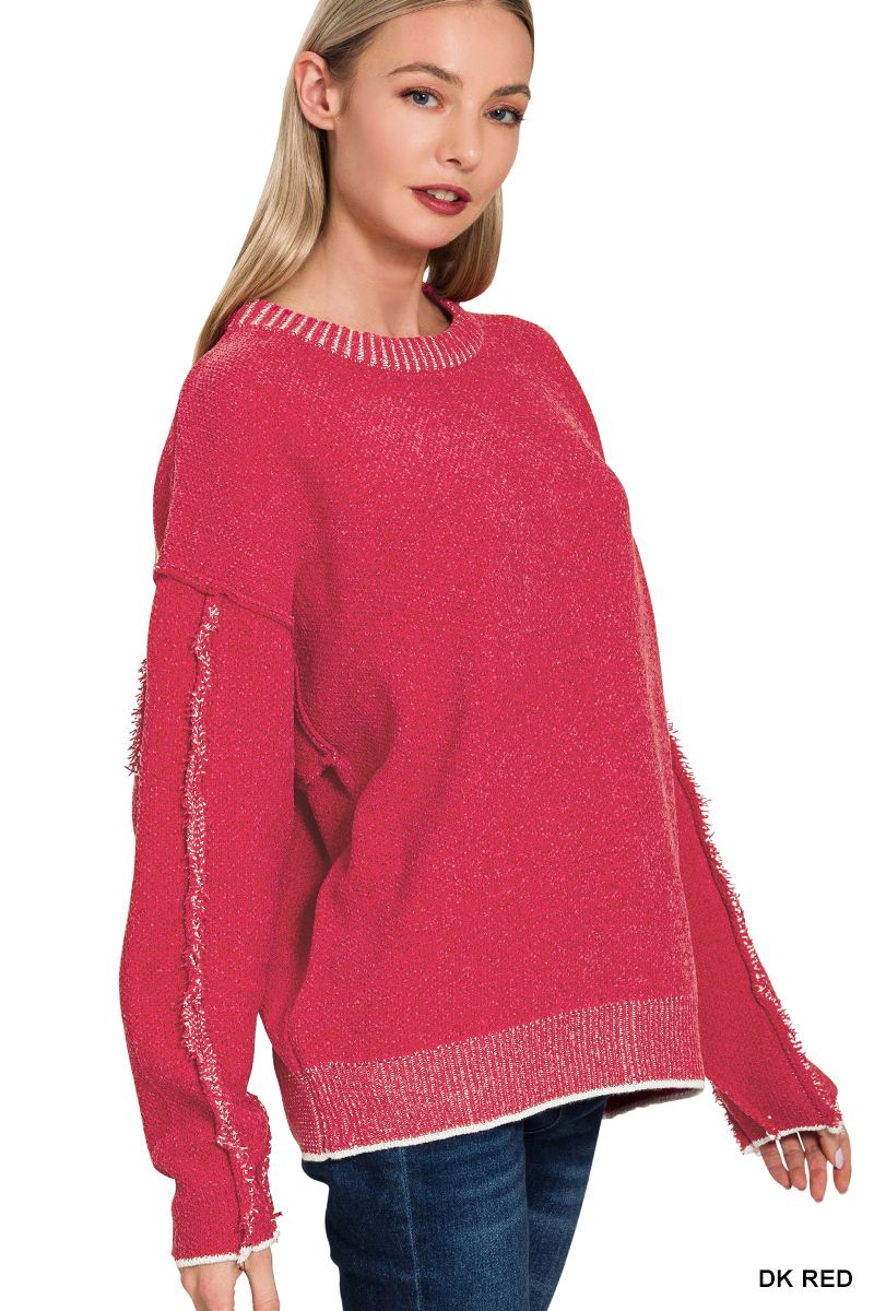 EXPOSED SEAM ROUND NECK SWEATER, Colour: Dk Red, Size: Small/Medium