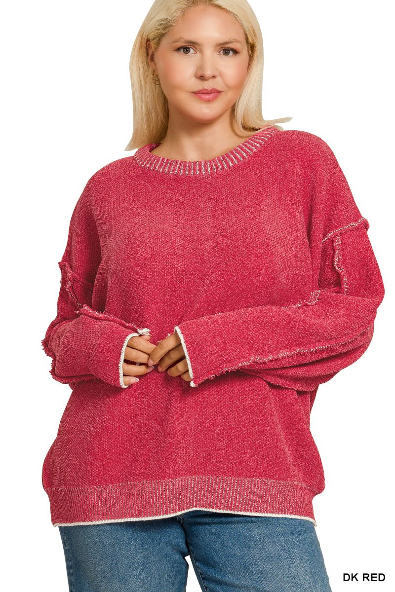 PLUS EXPOSED SEAM ROUND NECK SWEATER, Colour: Dk Red, Size: 1X/2X