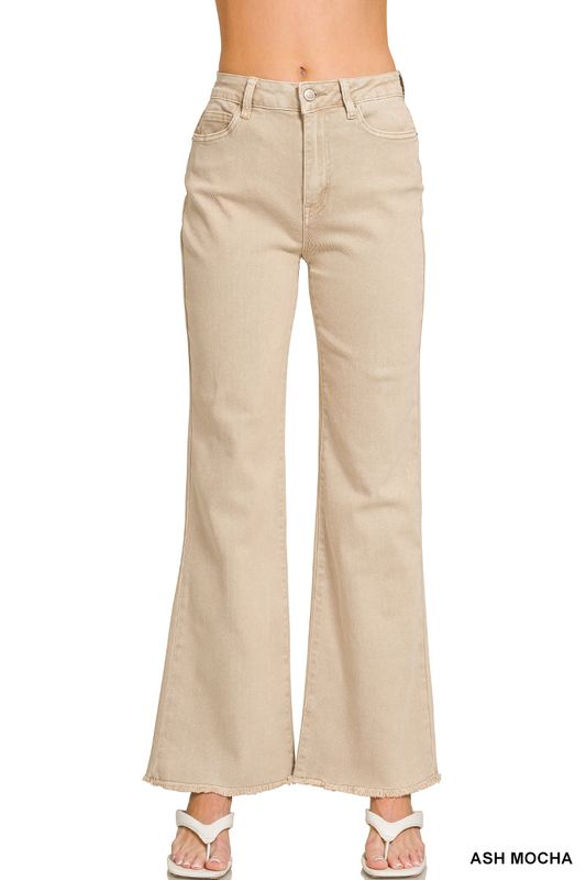 ACID WASHED FRAYED CUTOFF HEM STRAIGHT WIDE PANTS