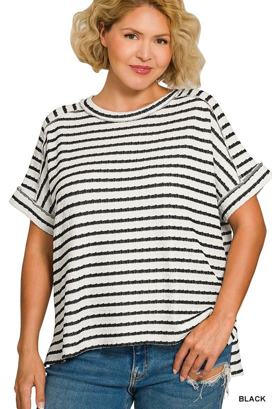 PLUS STRIPE JACQUARD ROUND-NECK BOX TEE