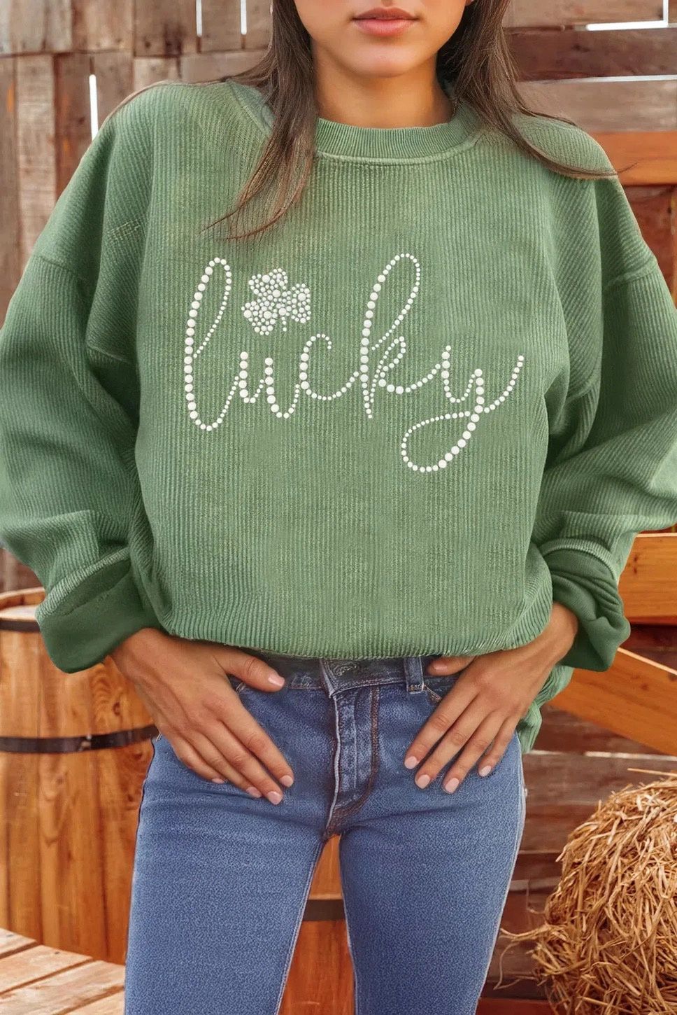 Rhinestone Lucky Clover Ribbed St Patrick Sweatshirt