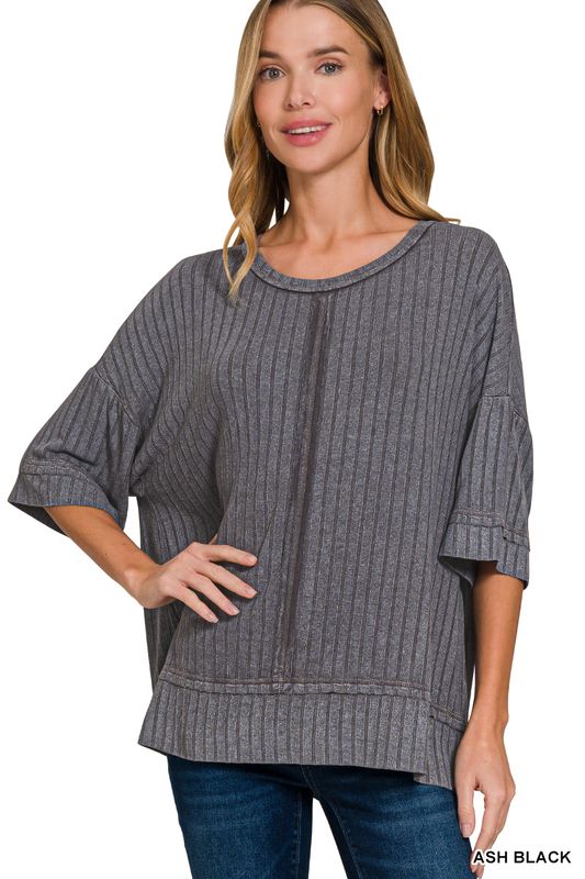 RIBBED DROP SHOULDER HALF SLEEVE BOAT-NECK TOP