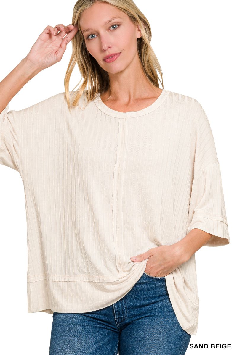 RIBBED DROP SHOULDER HALF SLEEVE BOAT-NECK TOP