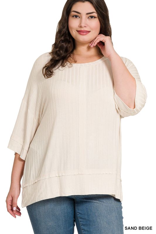 PLUS RIBBED DROP SHOULDER HALF SLEEVE TOP