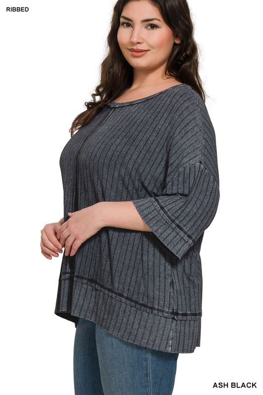 RIBBED DROP SHOULDER HALF SLEEVE TOP