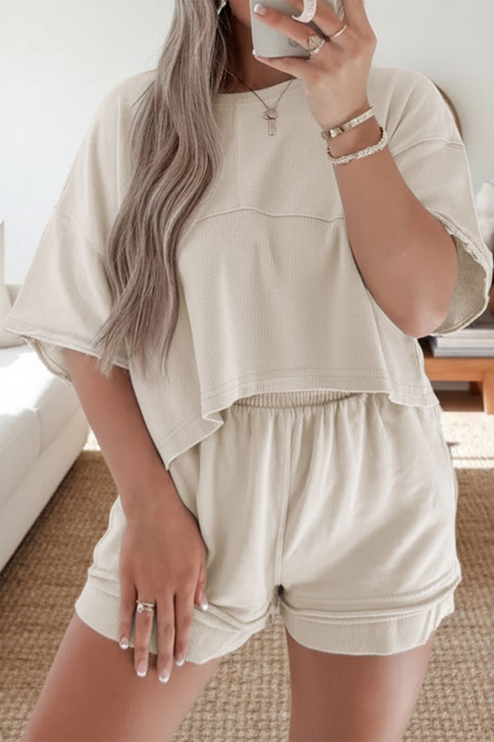 Solid Color Contrast Textured Patchwork Raw Edge 2pcs Short Set