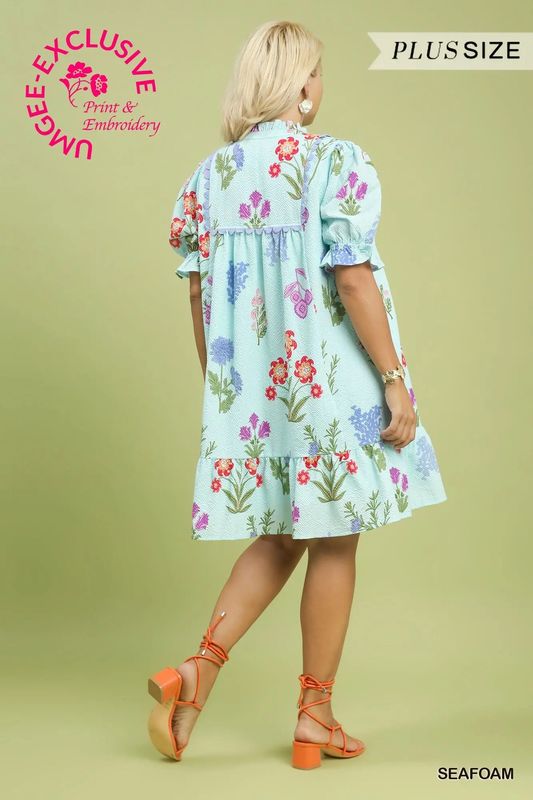 Plus Multi Flower Print V-Neck Dress