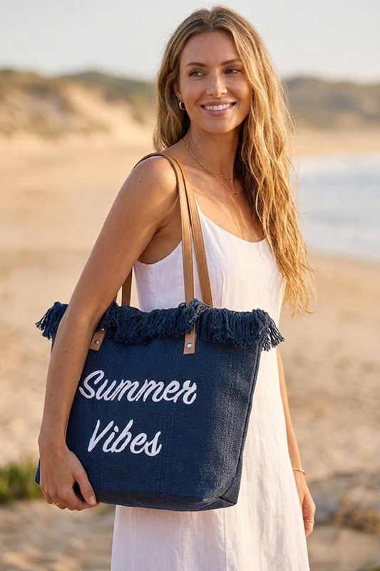 SUMMER VIBES FRINGE CANVAS TOTE BAG