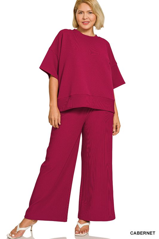 Plus RIBBED ROUND NECK TEE &amp; PANTS SET