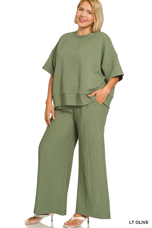 Plus RIBBED ROUND NECK TEE &amp; PANTS SET