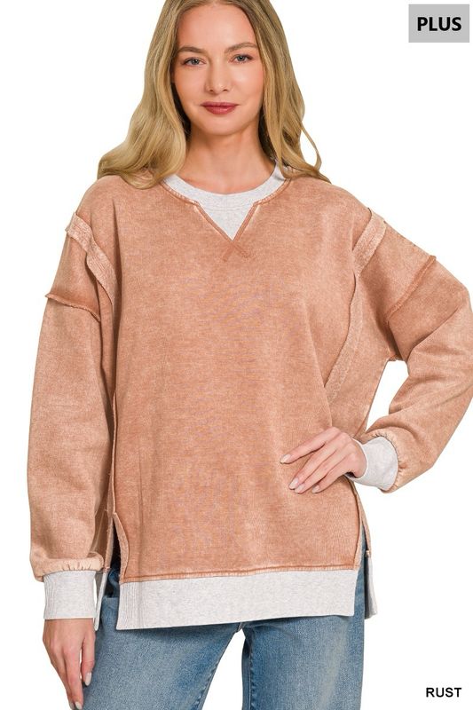PLUS FLEECE ACID WASHED CONTRAST TRIM PULLOVER