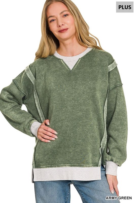 PLUS FLEECE ACID WASHED CONTRAST TRIM PULLOVER