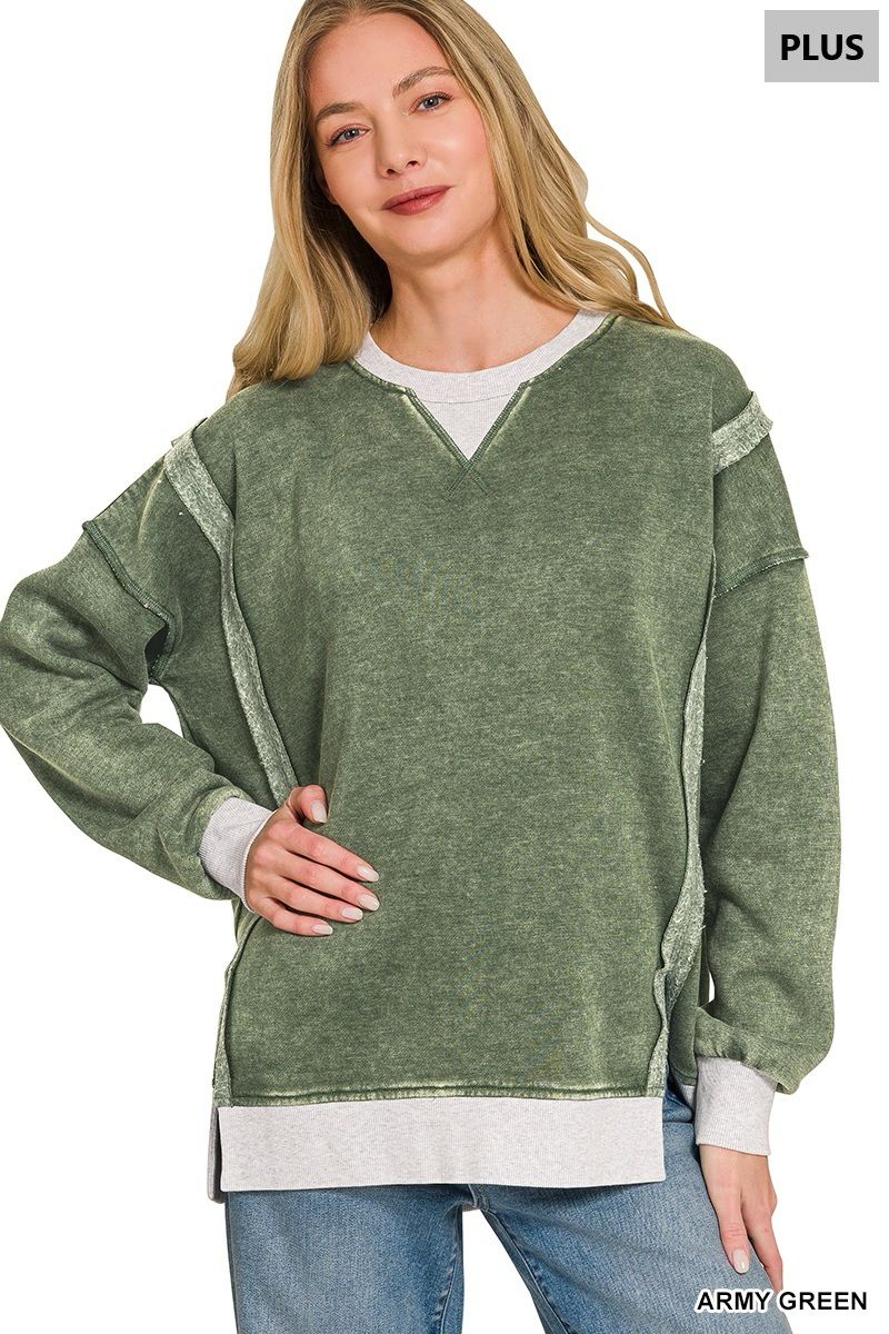 FLEECE ACID WASHED CONTRAST TRIM PULLOVER.