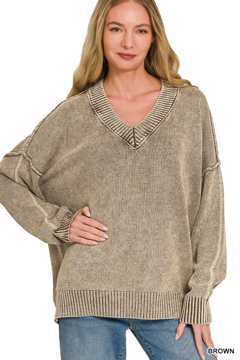 WASHED DEEP V-NECK OVERSIZED SWEATER, Colour: Brown, Size: S