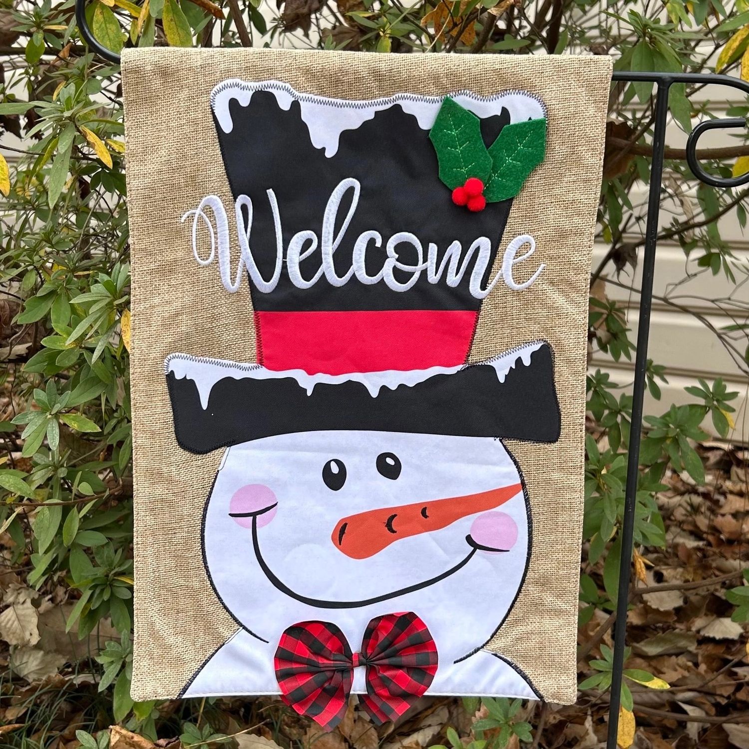 Snowman Top Hat Burlap 2-Sided Garden Flag