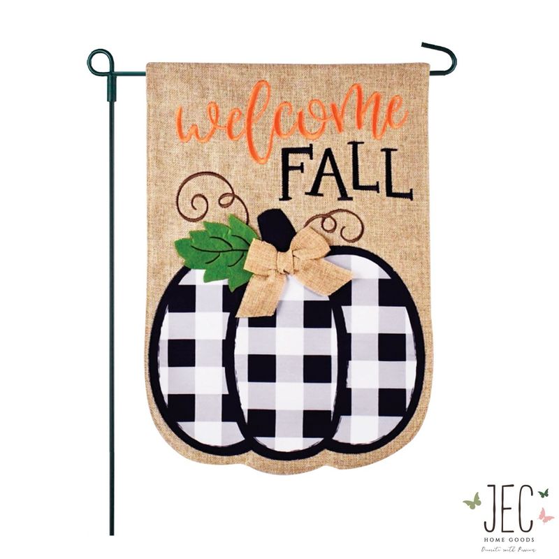 Black and White Buffalo Plaid Pumpkin Burlap 2-Sided Garden Flag
