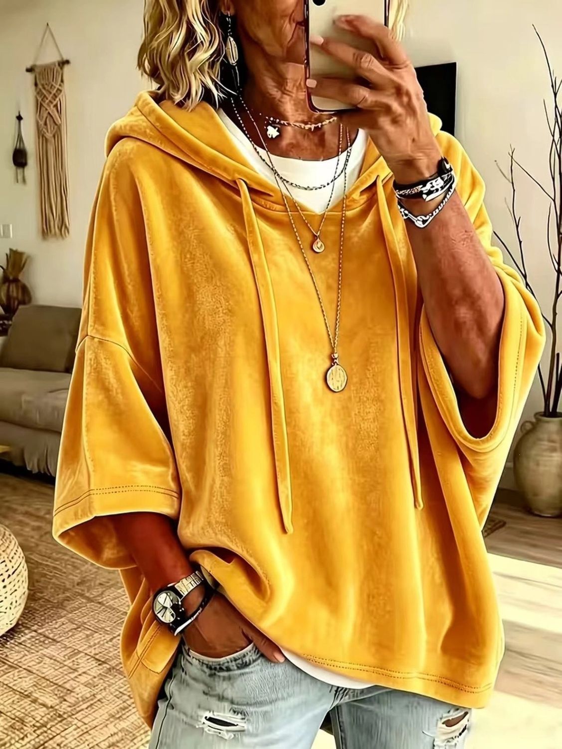 Oversized V Neck Hooded  3/4 Sleeve Pullover