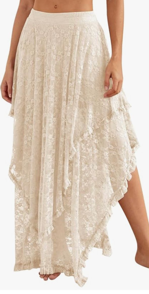 Lace Long  Elastic Waist Asymmetrical Layered Skirt