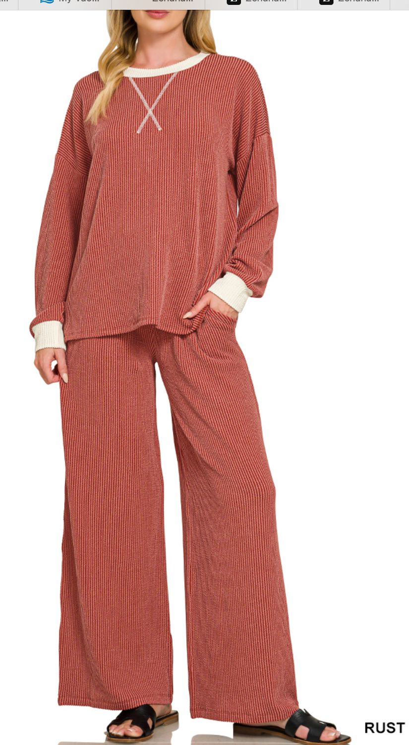 RAISED RIB ROUND NECK PULLOVER &amp; PANTS SET