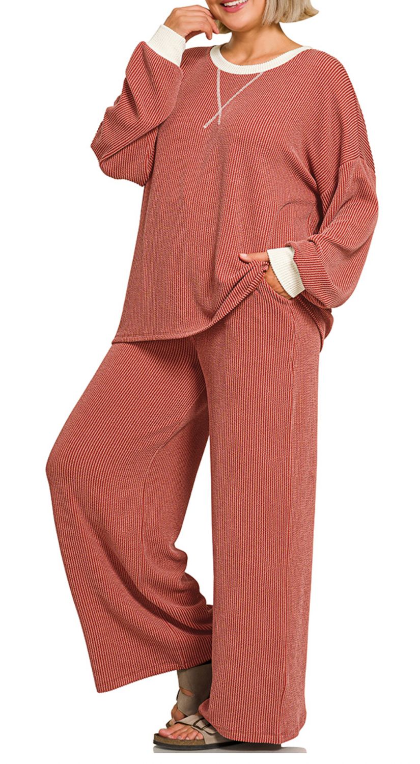 PLUS RAISED RIB ROUND NECK PULLOVER &amp; PANTS SET