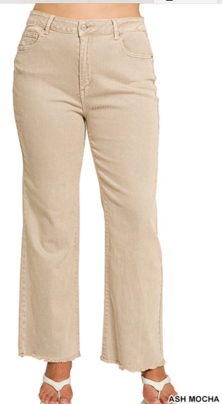 PLUS ACID WASHED FRAYED CUTOFF HEM STRAIGHT WIDE PANTS