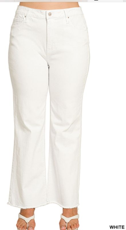 PLUS ACID WASHED FRAYED CUTOFF HEM STRAIGHT WIDE PANTS