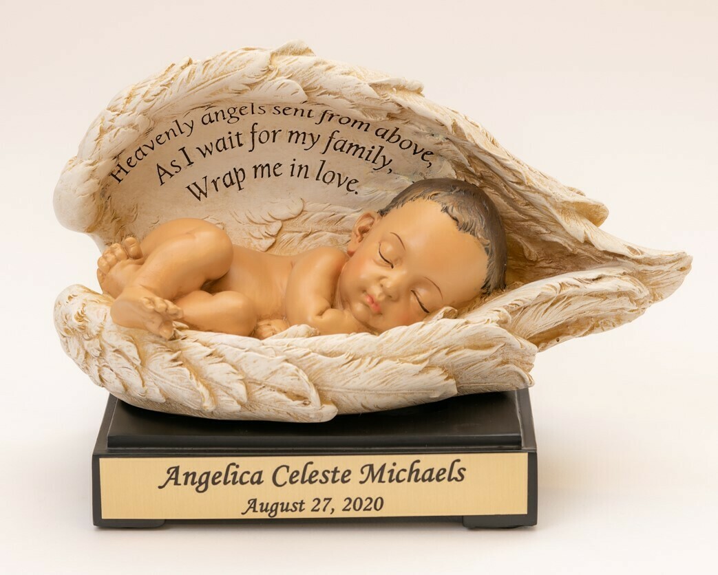 Baby in Wings Statue with Nameplate (light medium skin tone)   M-NP-Brn   
(This is not an urn)