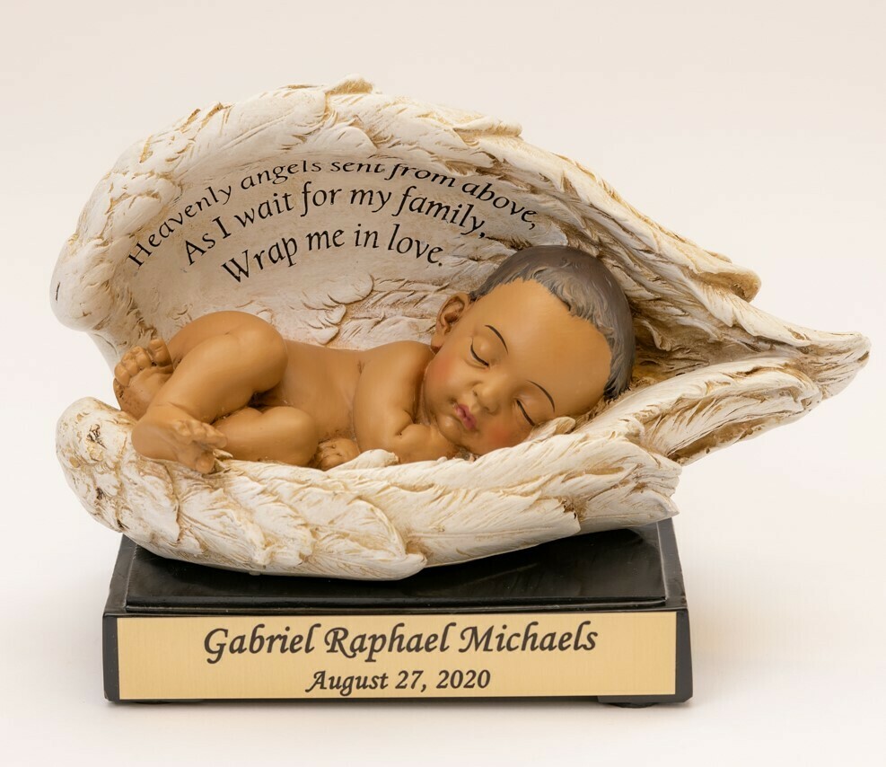 Baby in Wings Statue with Nameplate (deep medium skin tone)   M-NP-HS  
(This is not an urn)