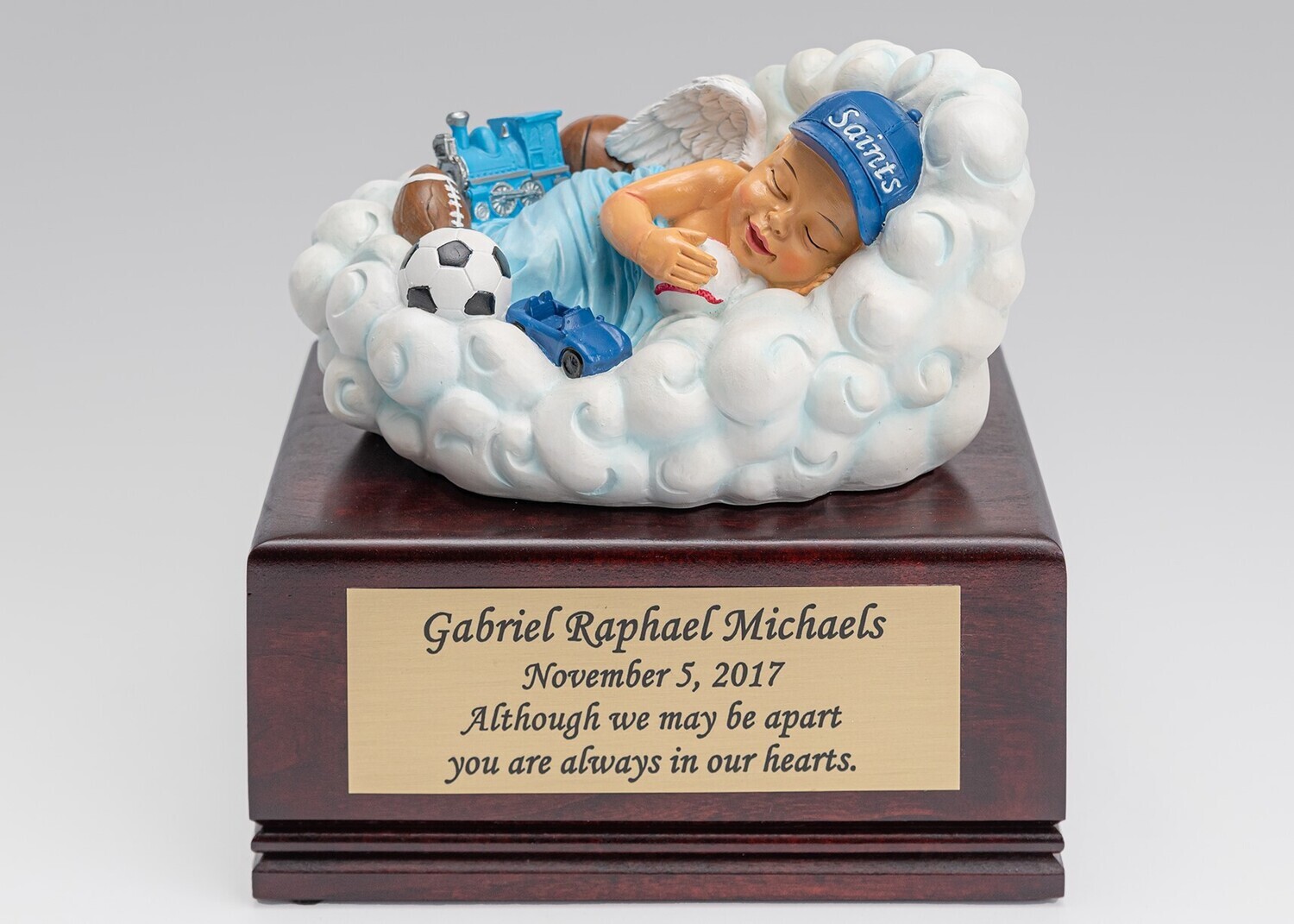 Baby Boy in Cloud on Cherry Wood Urn Box (Light Skin Color)