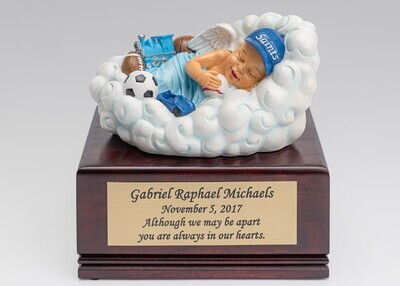 Baby Boy in Cloud on Cherry Wood Urn Box (Light Skin Color)