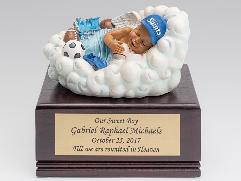 Baby Boy in Cloud on Cherry Wood Urn Box (Choose Skin Color) U-CLD-BOB