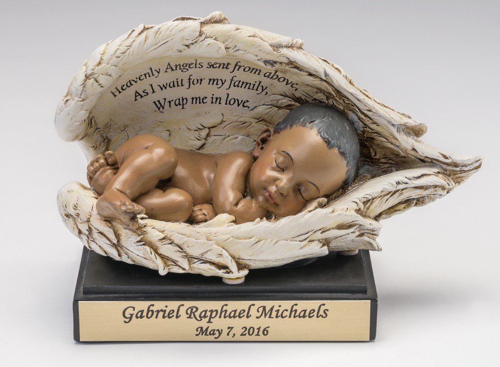 Baby in Wings Statue with Nameplate (dark skin tone)   M--NP-BK  (This is not an urn)