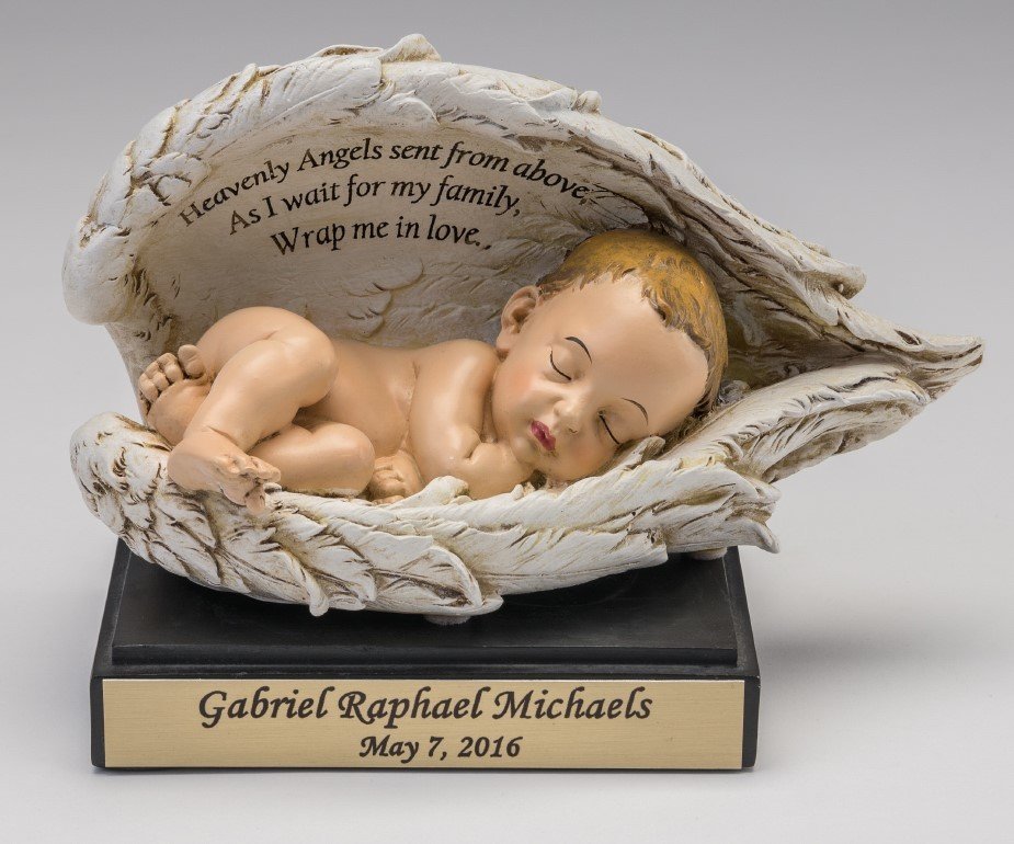 Baby in Wings Statue with Nameplate (light skin tone)   M-NP-WH  (This is not an urn)