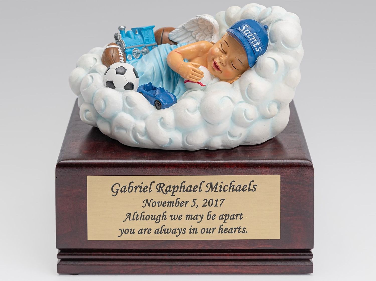 Baby Boy in Cloud on Cherry Wood Urn Box (Light Skin Tone) U-CLD-BOB-Light