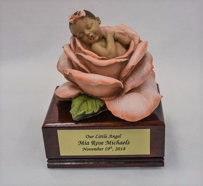 Baby Girl In Bloom On Cherry Wood Urn Box (Dark skin tone)    U-Bloom-BOB-Dark
